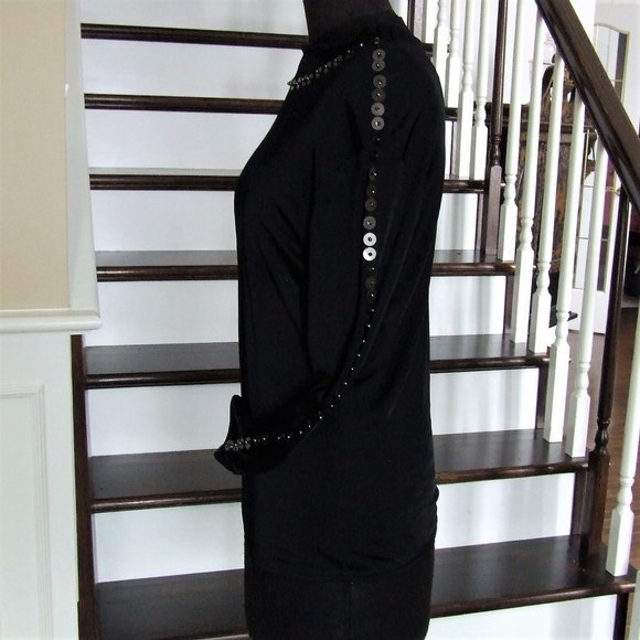 Black Fancy Beaded Turtleneck Stretchy Top Boat Neck M - Picture 5 of 7